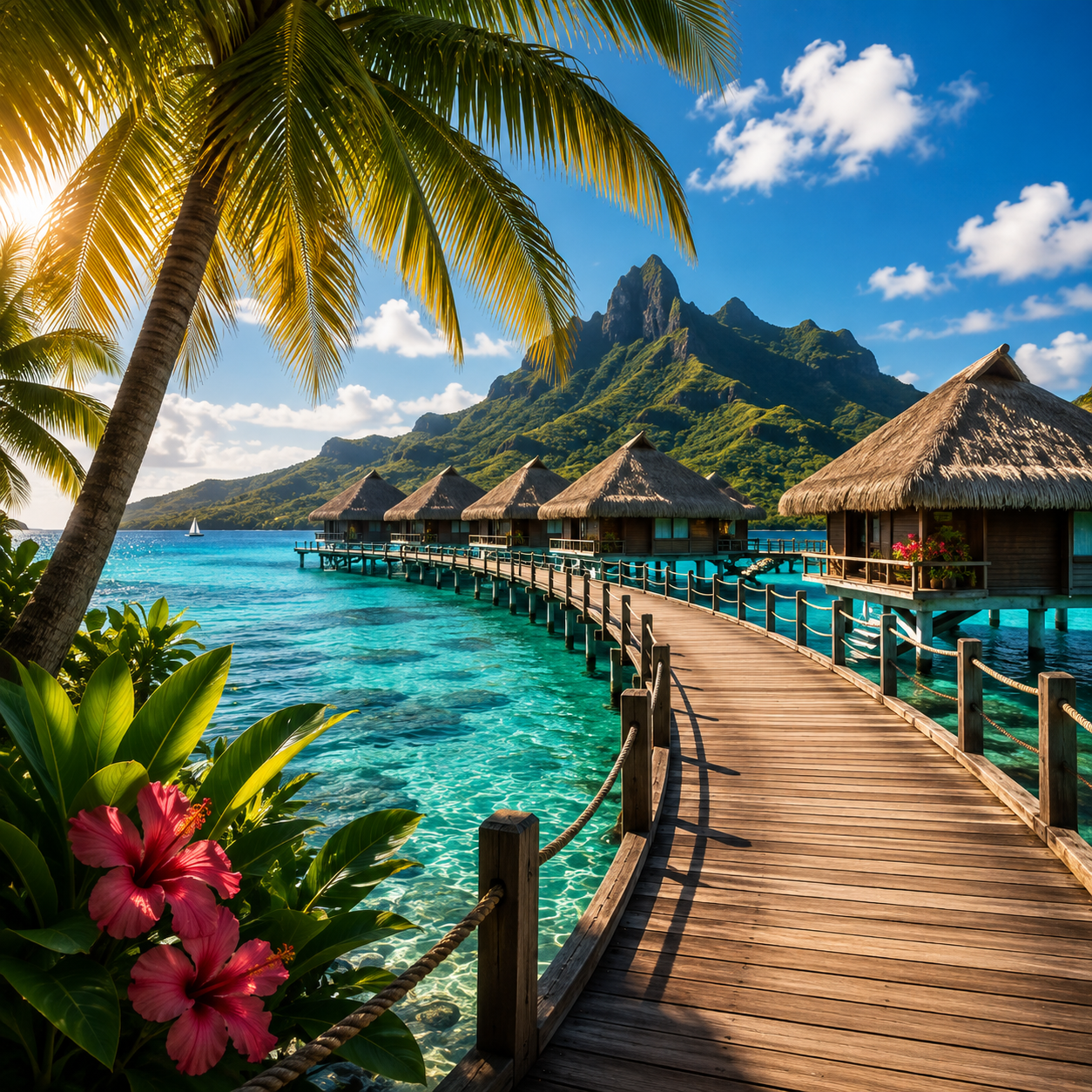 Tropical overwater resort with palm trees and turquoise water representing travel and vacation resources