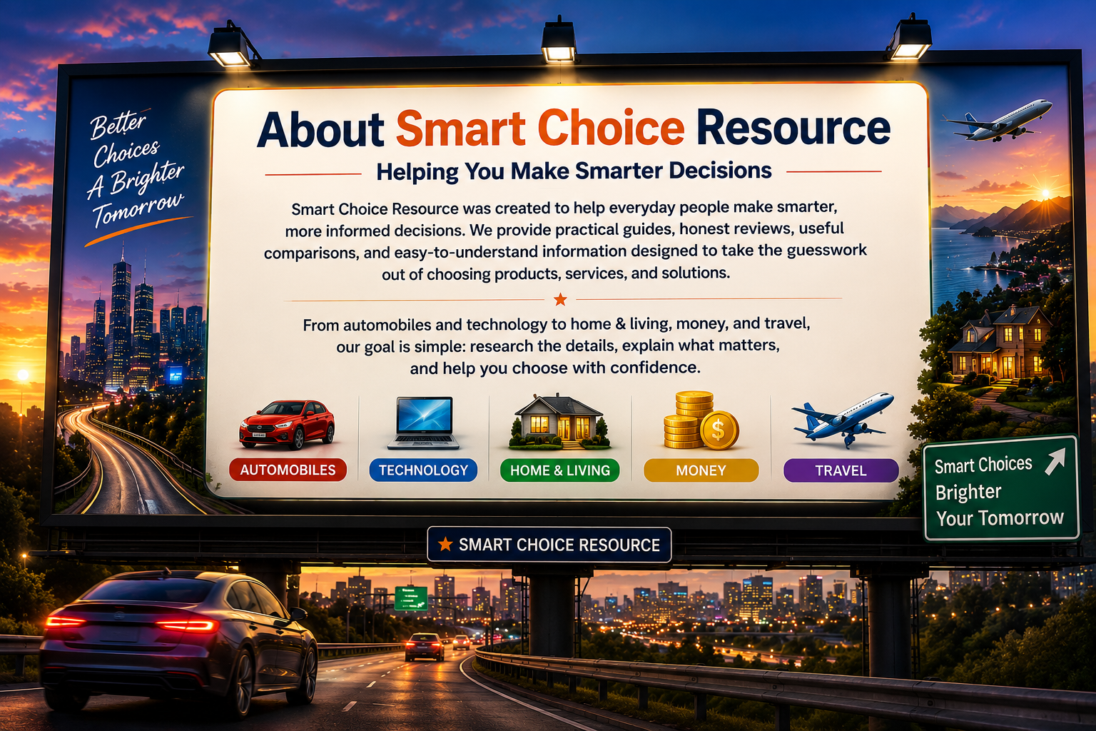 Smart Choice Resource billboard featuring automobiles, technology, home and living, money, and travel categories