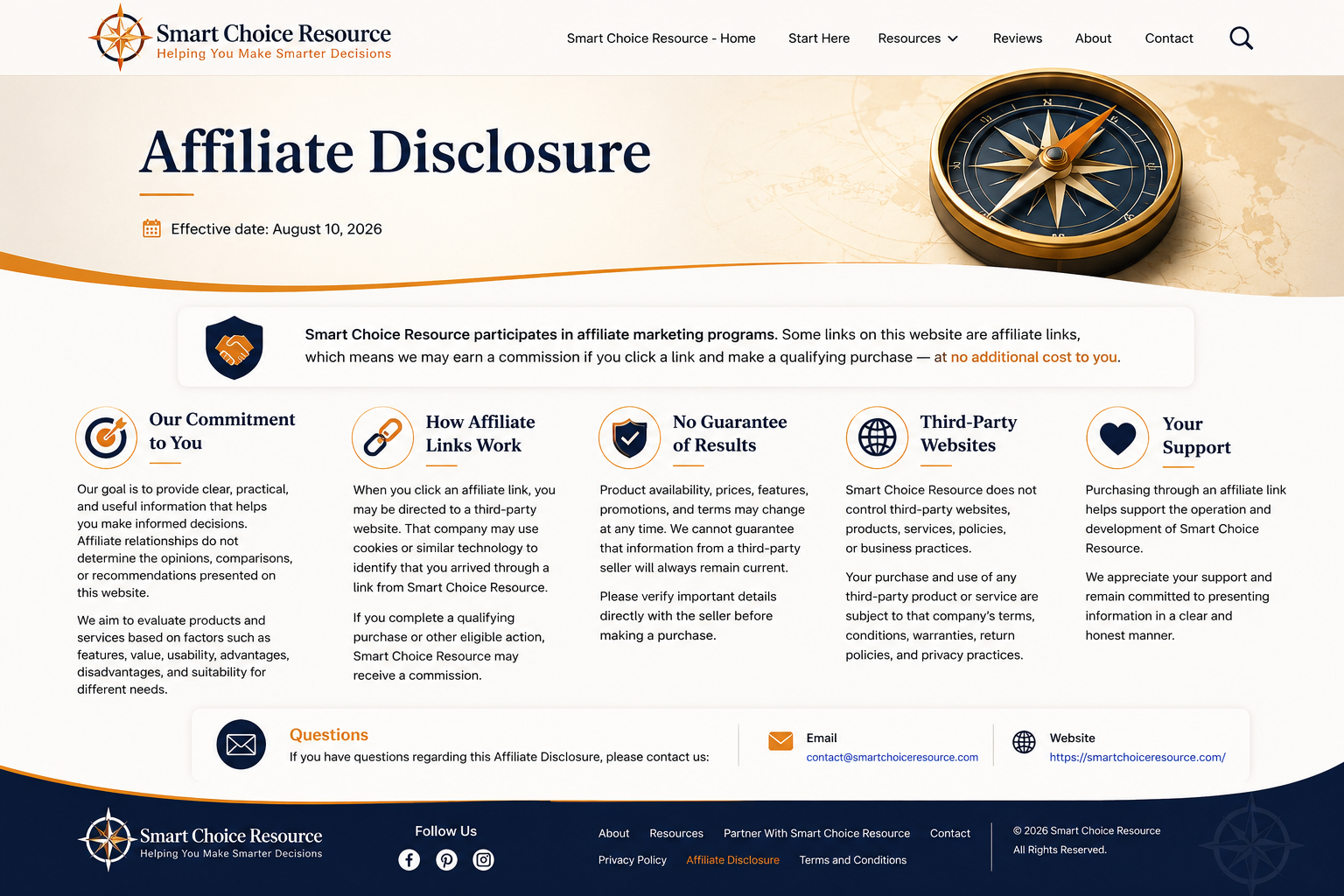 Smart Choice Resource Affiliate Disclosure with compass artwork and affiliate information sections