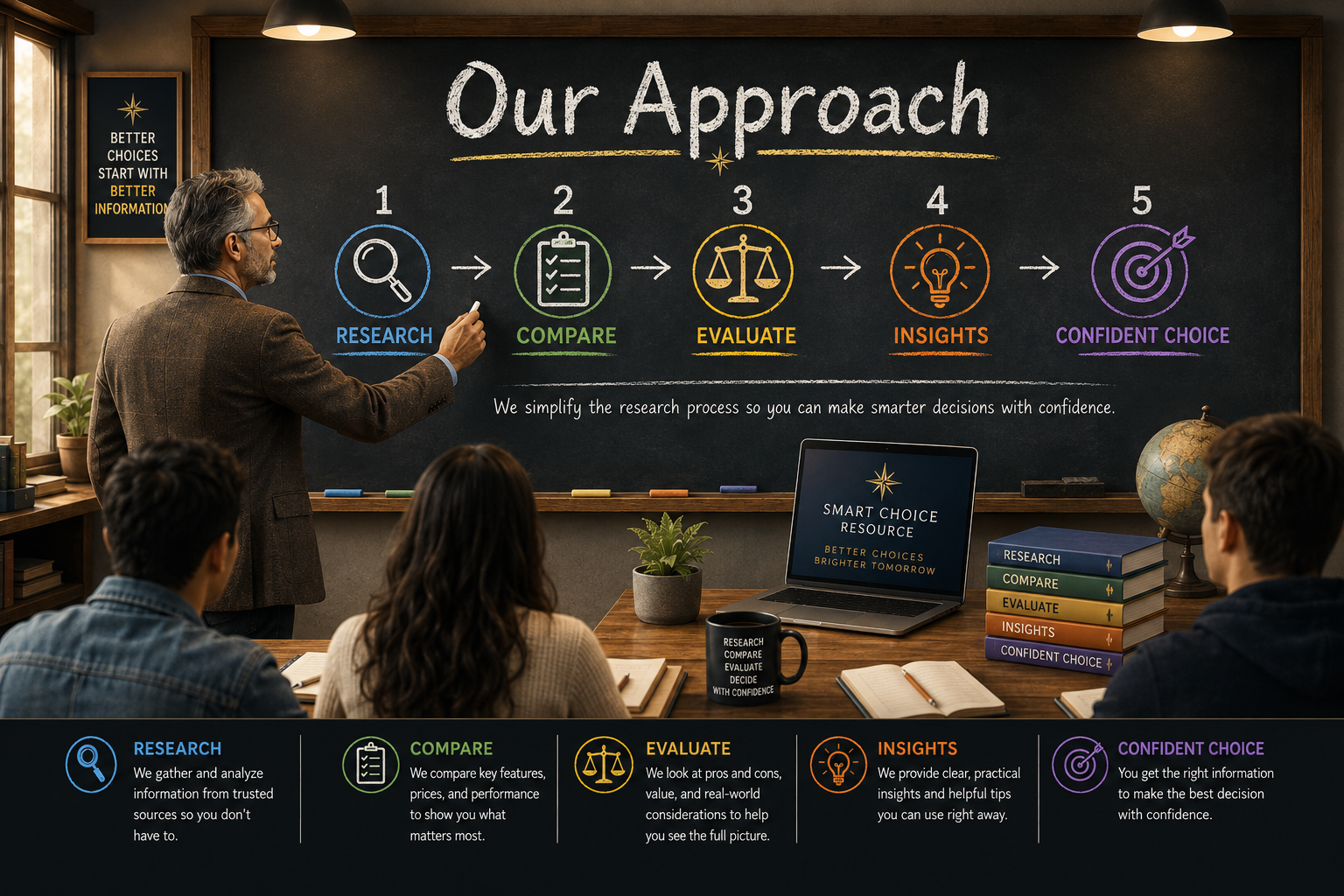 Professor presenting Smart Choice Resource approach with research, compare, evaluate, insights, and confident choice steps