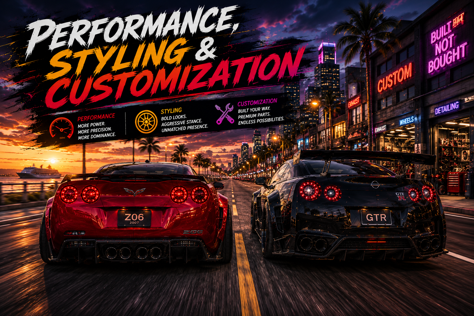 Widebody Corvette Z06 and Nissan GT-R on a city boulevard for performance, styling and customization