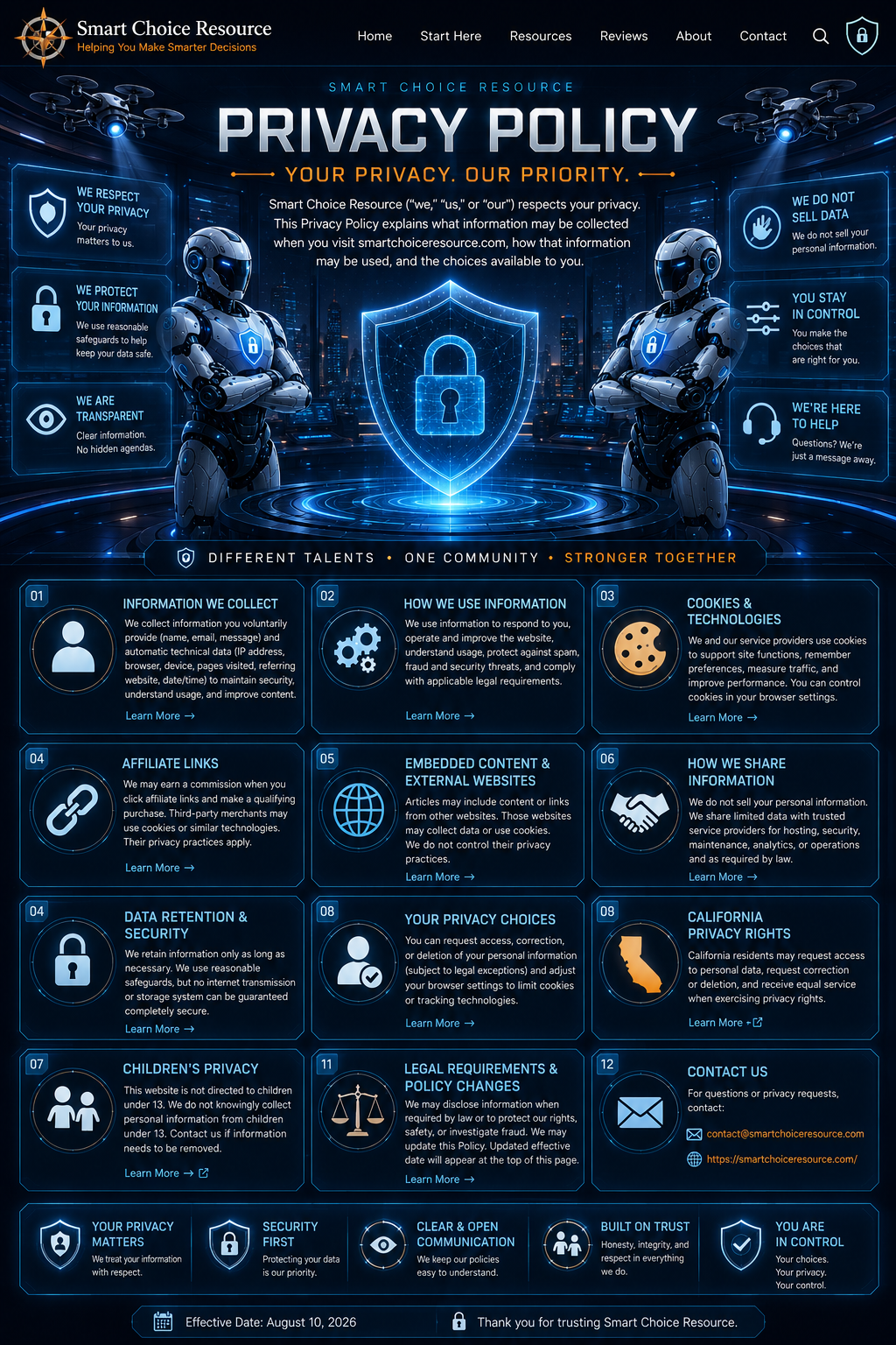 Smart Choice Resource Privacy Policy cyber security artwork with robotic guards, shield protection, and privacy information sections