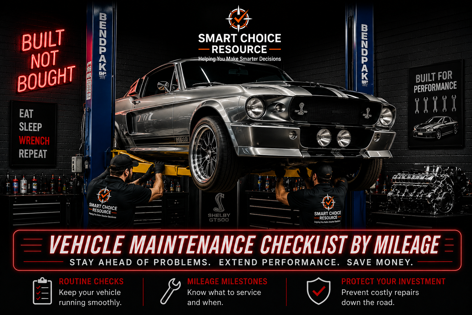 Classic muscle car on a service hoist with technicians performing mileage-based vehicle maintenance