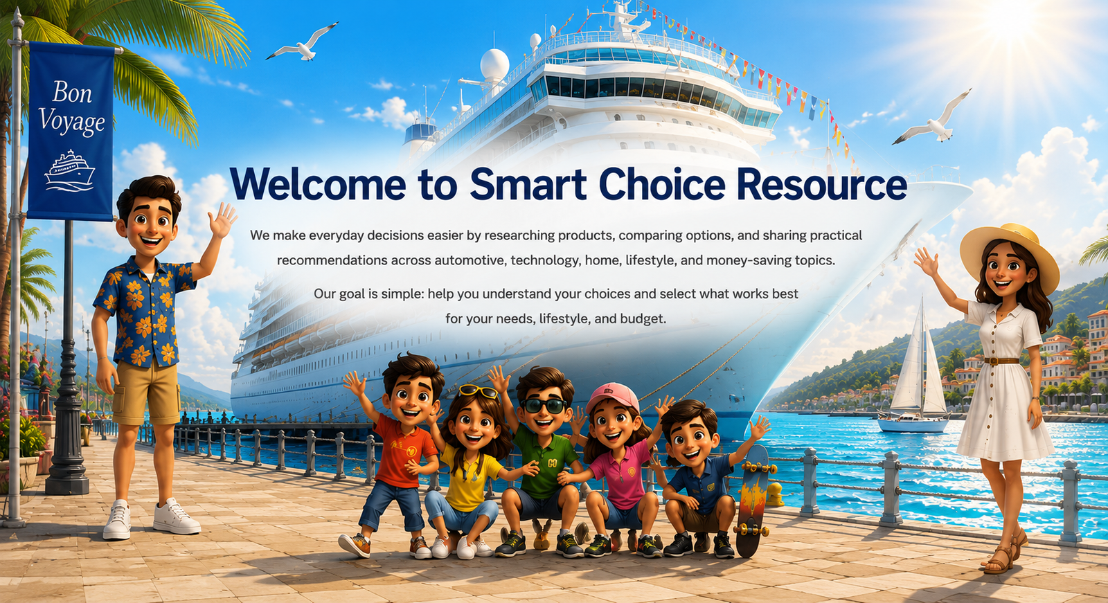 Welcome scene with waving adults and childrens
