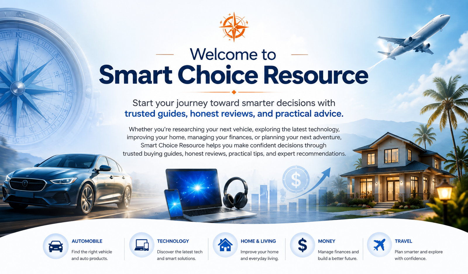 Smart Choice Resource welcome banner featuring automotive, technology, home, money, and travel categories