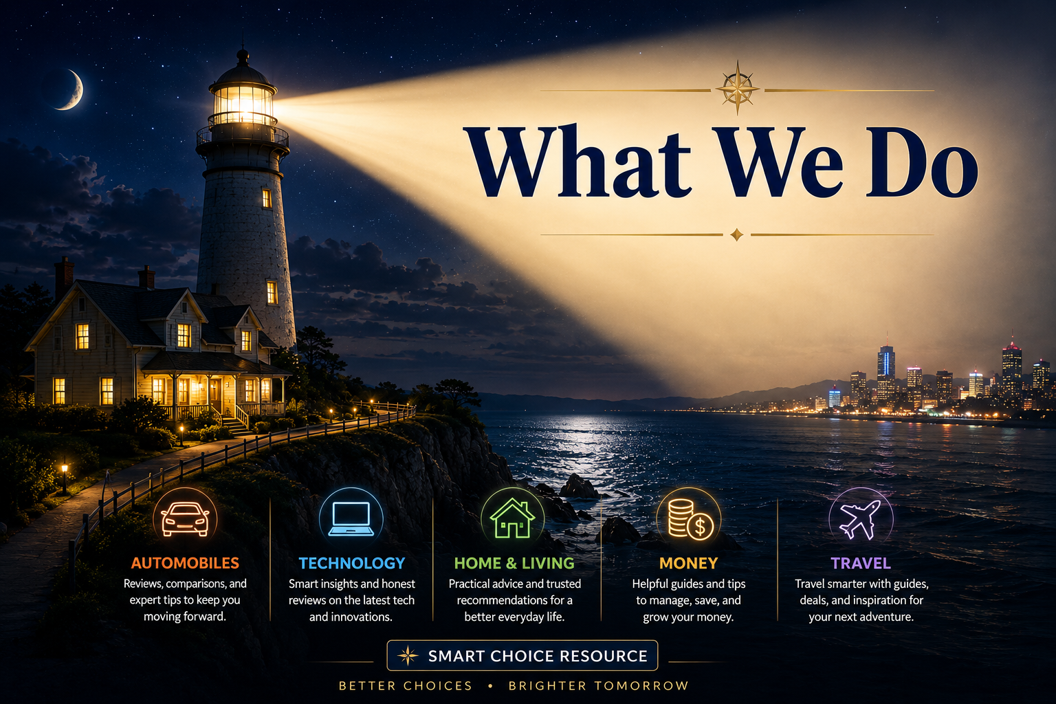 Lighthouse shining over Smart Choice Resource categories for automobiles, technology, home and living, money, and travel