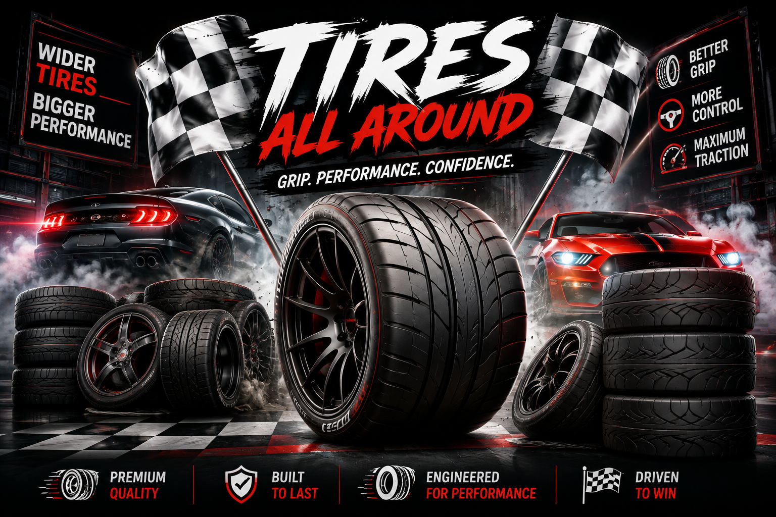 Wide performance tires with racing cars and checkered flags