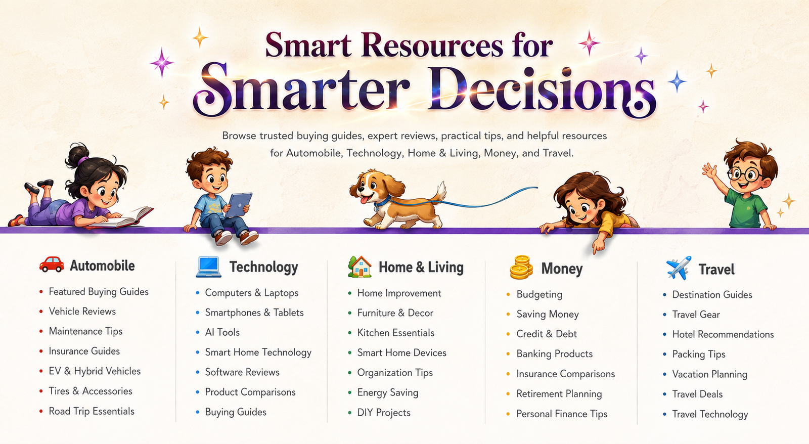 Smart Resources for Smarter Decisions with cartoon family characters, a family dog, and five categories: Automobile, Technology, Home & Living, Money, and Travel.